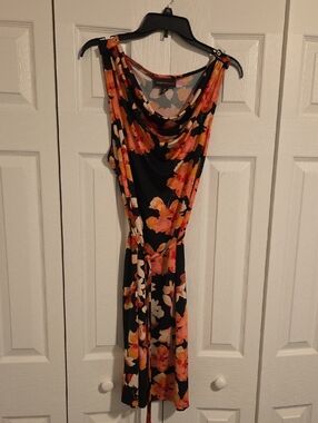 Dana Buchman Black Midi Dress with Orange & Cream Floral Print